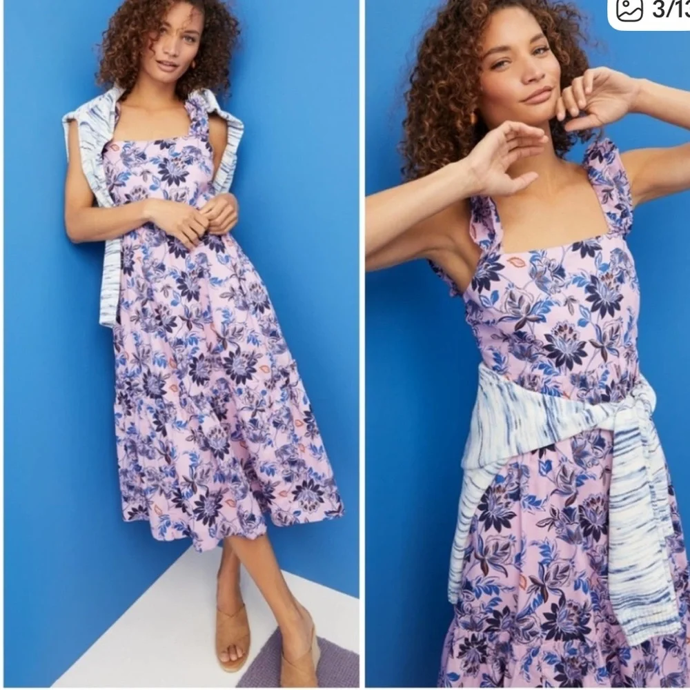 J Crew Square Neck Tiered Floral Pink and Blue Dress